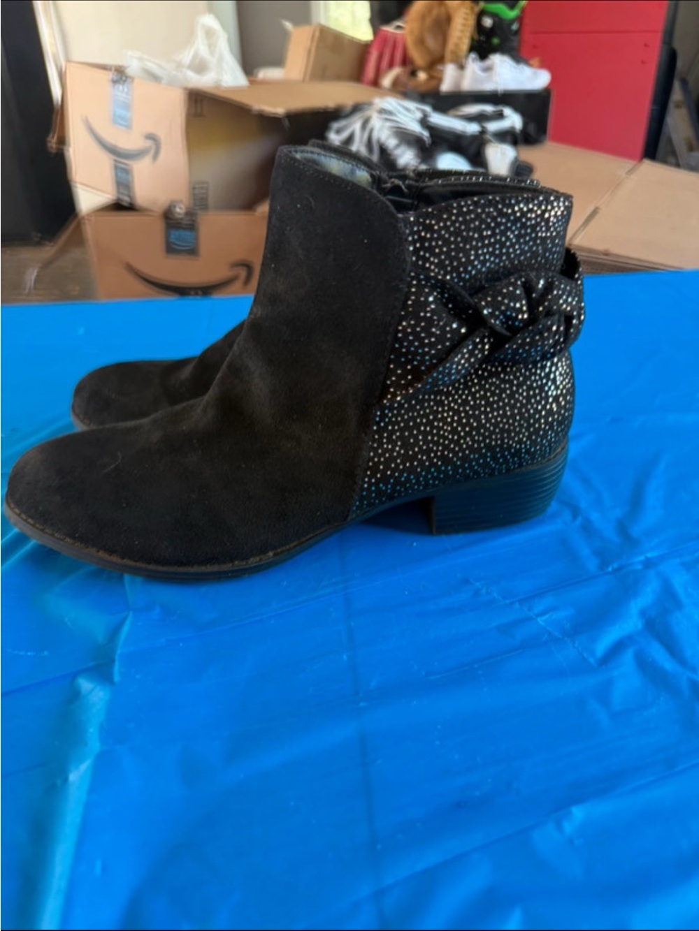 Black Suede Ankle Boots with Silver Sparkle Heel and Side Bow